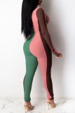 Yellow Casual Color Block Split Joint Zipper Collar Skinny Jumpsuits