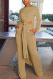 Khaki Fashion British Style Adult Polyester Solid Slit O Neck Long Sleeve Regular Sleeve Long Two Pieces