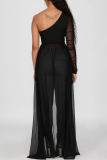 Red Sexy Patchwork Mesh One Shoulder Tops