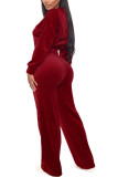 Red Casual Polyester Flocking Solid Pants Zipper Collar Long Sleeve Regular Sleeve Short Two Pieces