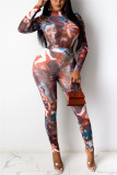 Multicolor Fashion Sexy Print See-through O Neck Long Sleeve Two Pieces