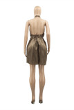 Brown Sexy Casual Solid Backless Halter Pleated Dresses