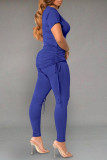 Blue Fashion Casual Solid Basic O Neck Short Sleeve Two Pieces