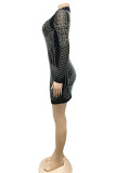 Black Sexy Geometric Patchwork See-through Hot Drill O Neck Pencil Skirt Dresses