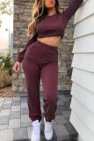 Wine Red Fashion Casual Adult Blending Geometric Solid Split Joint O Neck Long Sleeve Regular Sleeve Short Two Pieces