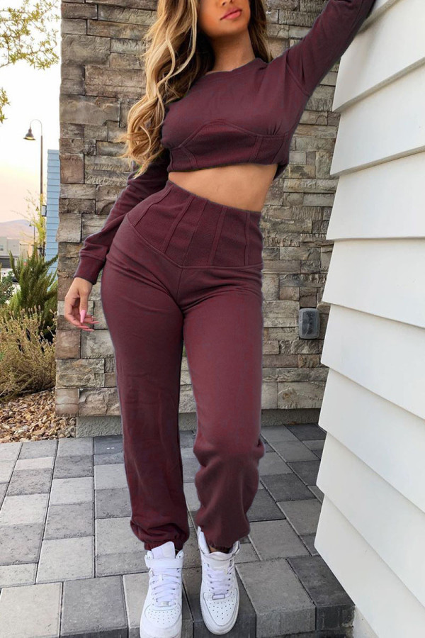 Wine Red Fashion Casual Adult Blending Geometric Solid Split Joint O Neck Long Sleeve Regular Sleeve Short Two Pieces