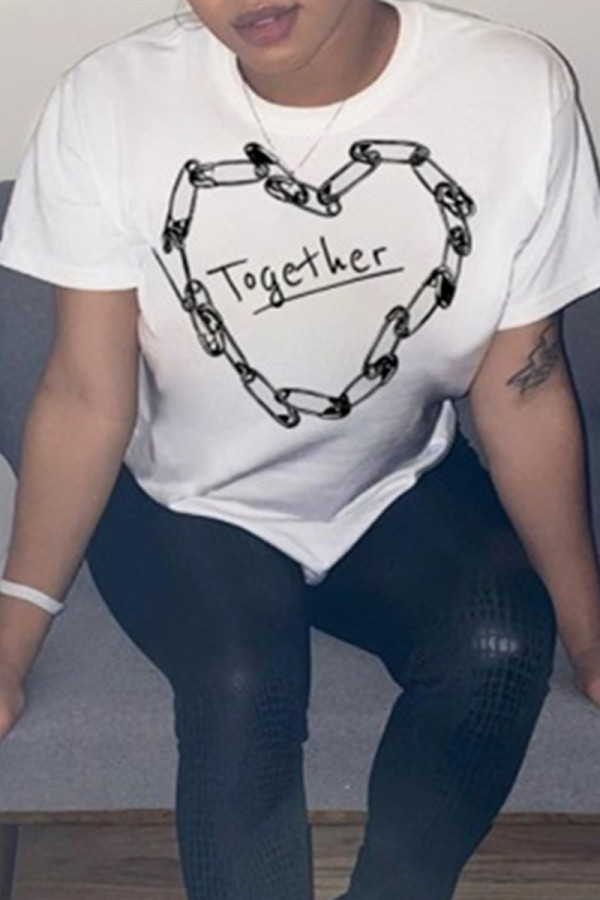 White Fashion Casual Print Basic O Neck T-Shirts