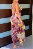 Multicolor Fashion Sexy Print Tie Dye Slit U Neck Vest Dress
