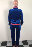 Blue British Style Patchwork Embroidered Sequins Zipper Collar Long Sleeve Two Pieces