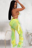 Yellow Polyester Fashion Sexy Print Patchwork Stringy selvedge Straight Sleeveless Two-piece Pants Set