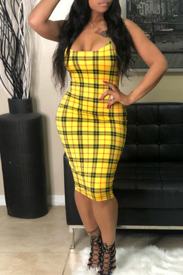 Yellow Fashion Sexy Plaid Print Backless Spaghetti Strap Sleeveless Dress