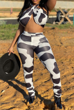 Black Street Print Patchwork Halter Sleeveless Two Pieces