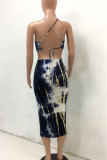 Blue Fashion Sexy adult Black Blue Off The Shoulder Sleeveless Slip A-Line Mid-Calf Print Patchwork bandage backless Tie and dye asymmetrical Dresses