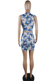 Blue Lace Sweet Animal Prints Print lace Hip skirt Sleeveless Two Pieces