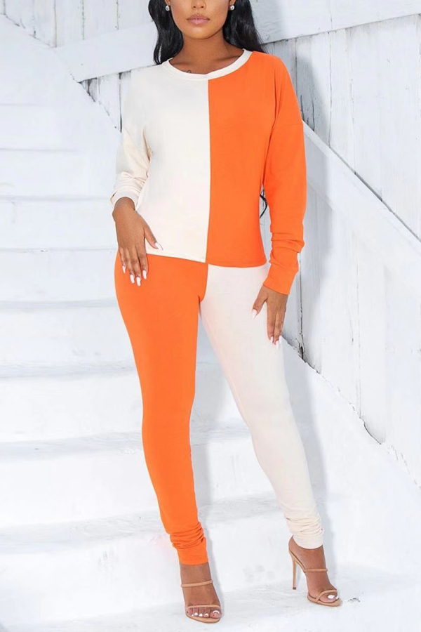 Orange Casual Solid Split Joint O Neck Long Sleeve Two Pieces