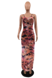 Pink Sexy Print Patchwork High Opening V Neck Irregular Dress Dresses