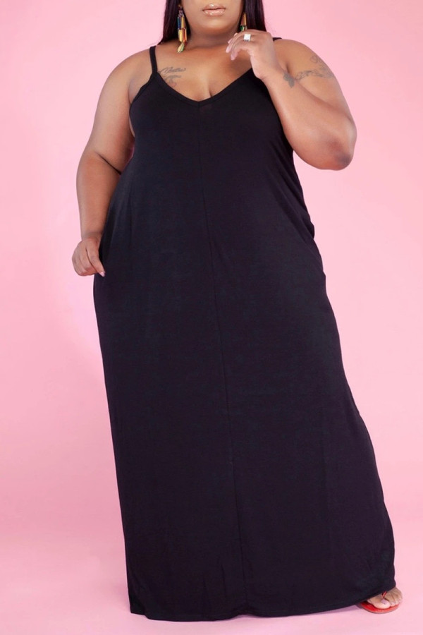 Black Fashion Casual Solid Backless Spaghetti Strap Sleeveless Dress