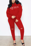 Red British Style Letter Print Ripped Hooded Collar Long Sleeve Two Pieces