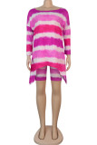 Pink Fashion Casual Print Tie Dye Asymmetrical Oblique Collar Long Sleeve Two Pieces