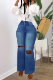 Medium Blue Fashion Casual Plus Size Solid Ripped High Waist Straight Jeans