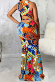 multicolor Fashion Sexy adult Ma'am Tank Sleeveless Slip Asymmetrical Floor-Length Print Dresses