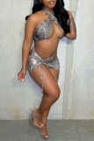 Grey Fashion Sexy Print Backless Swimwears Set
