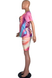 Pink Fashion Casual adult Ma'am Patchwork Print Gradient contrast color Two Piece Suits Straight Short Sleeve Two Pieces