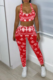 Red Sexy Casual Print Backless U Neck Sleeveless Two Pieces