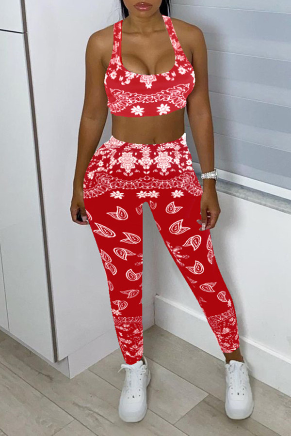 Red Sexy Casual Print Backless U Neck Sleeveless Two Pieces