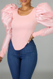 Pink Fashion Casual Solid Patchwork O Neck Tops