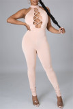 Light Pink Sexy Casual Solid Hollowed Out Backless O Neck Skinny Jumpsuits