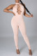 Light Pink Sexy Casual Solid Hollowed Out Backless O Neck Skinny Jumpsuits