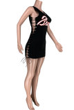 Dark Blue adult Sexy Fashion Ma'am Tank Sleeveless V Neck Pencil Dress Mini Character Print hollow o