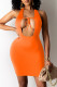 Orange Fashion Sexy Solid Hollowed Out Strap Design U Neck Vest Dress