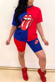 Blue Casual Print Lips Printed O Neck Short Sleeve Two Pieces
