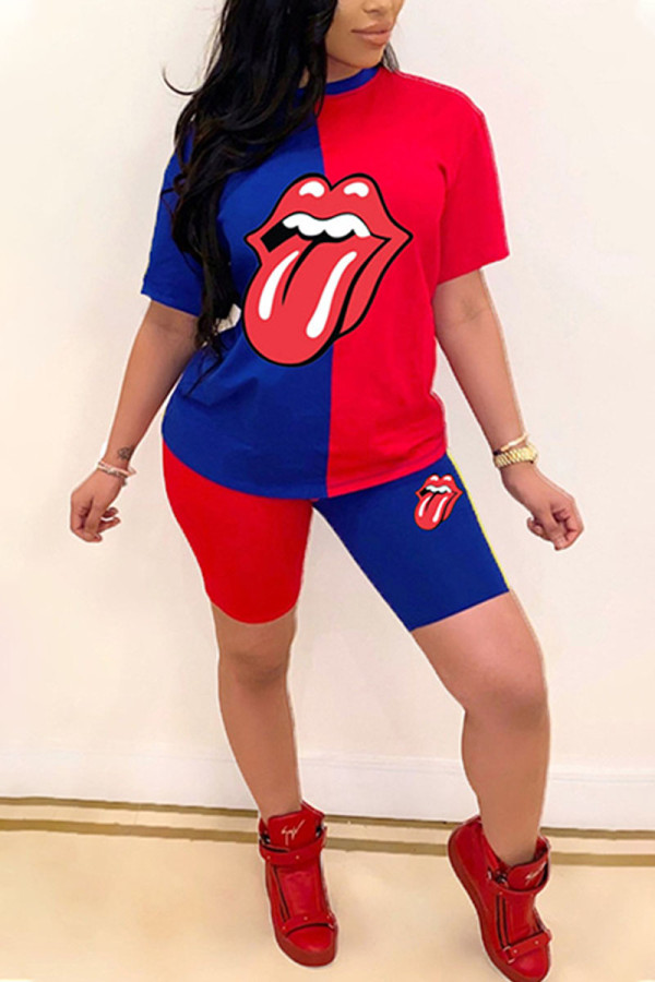 Blue Casual Print Lips Printed O Neck Short Sleeve Two Pieces