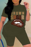 Army Green Fashion Casual Print Basic O Neck T-Shirts
