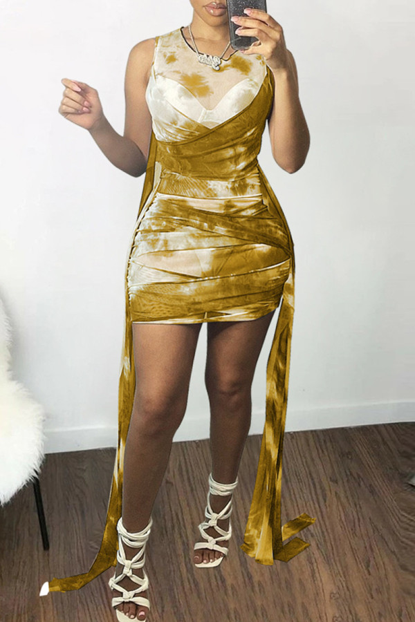 Yellow Fashion Sexy Print Tie Dye Draw String Frenulum O Neck Vest Dress