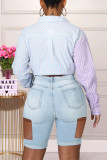 Light Blue Fashion Casual Solid Ripped Hollowed Out High Waist Jeans
