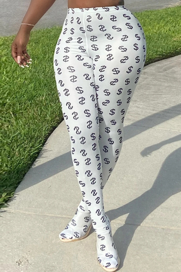 White Casual Print Patchwork Skinny Mid Waist Pencil Bottoms