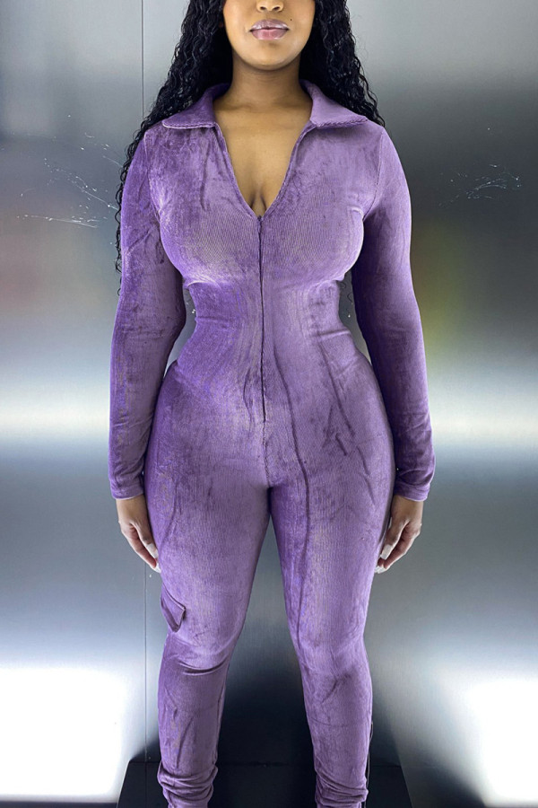 Purple Fashion Casual Solid Basic Turndown Collar Regular Jumpsuits