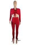 Red Casual Solid Draw String V Neck Long Sleeve Two Pieces