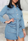 Blue Fashion Casual Solid Basic Turndown Collar Denim Dress