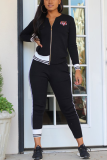 Black Casual Solid Embroidered Zipper Collar Long Sleeve Two Pieces
