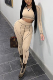 Khaki Casual Solid O Neck Long Sleeve Two Pieces