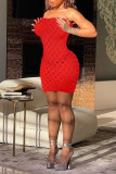 Red Fashion Sexy Solid Hollowed Out See-through Strapless Sleeveless Dress
