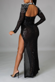 Apricot Sexy Hot Drilling Hollowed Out High Opening O Neck Evening Dress Dresses