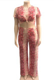 Pink Sexy adult Fashion O Neck Animal Prints Two Piece Suits Print serpentine