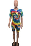 purple Polyester Fashion Casual Print Tie Dye Two Piece Suits pencil Short Sleeve Two Pieces
