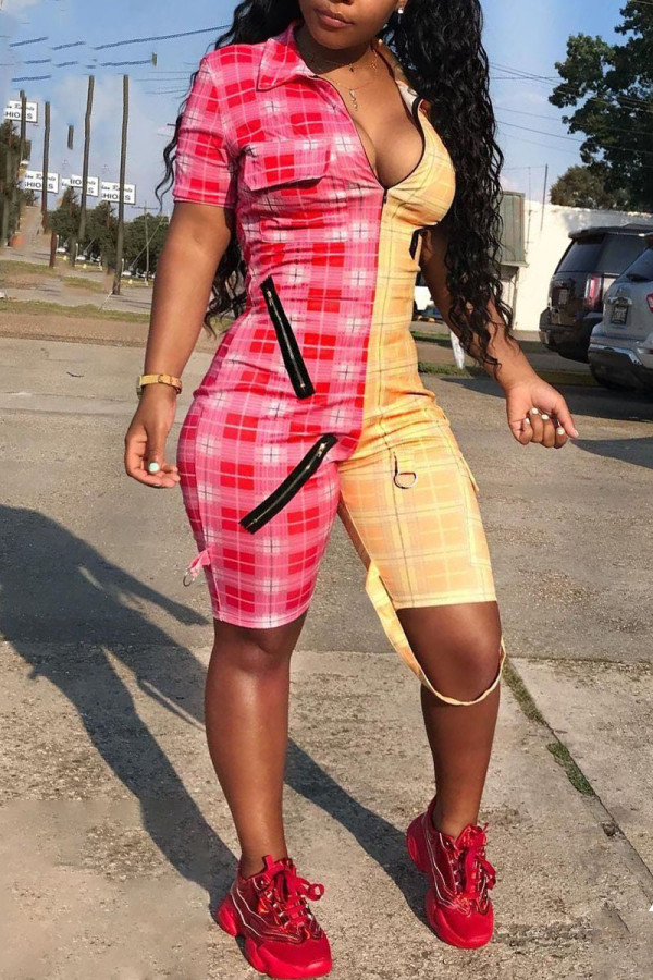 Red Yellow Street Print Turndown Collar Regular Rompers